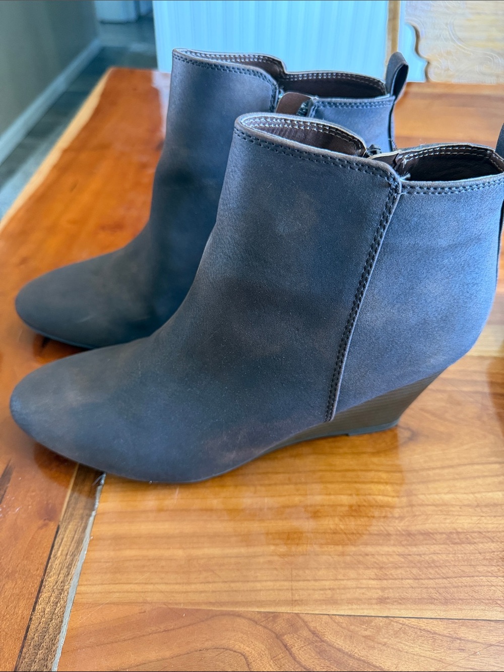 XOXO Charcoal Gray Suede Wedge Ankle Booties